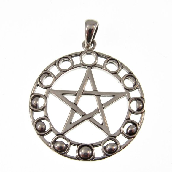 Solid 925 Sterling Silver Phases of the Moon Pentacle Pentagram Pendant - Picture 1 of 5